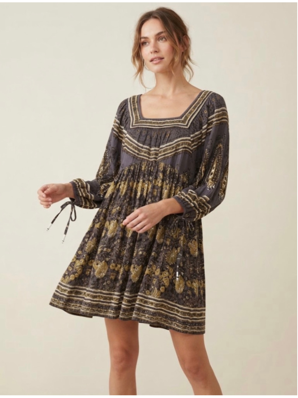 Free People Mini Dress Size S Grey Gold Floral Paisley Print